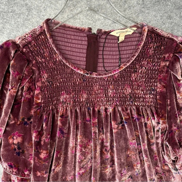 Rebecca Taylor Women Jewel Floral Print Velvet Top, Plum Combo. Sz: 4 - Picture 5 of 8